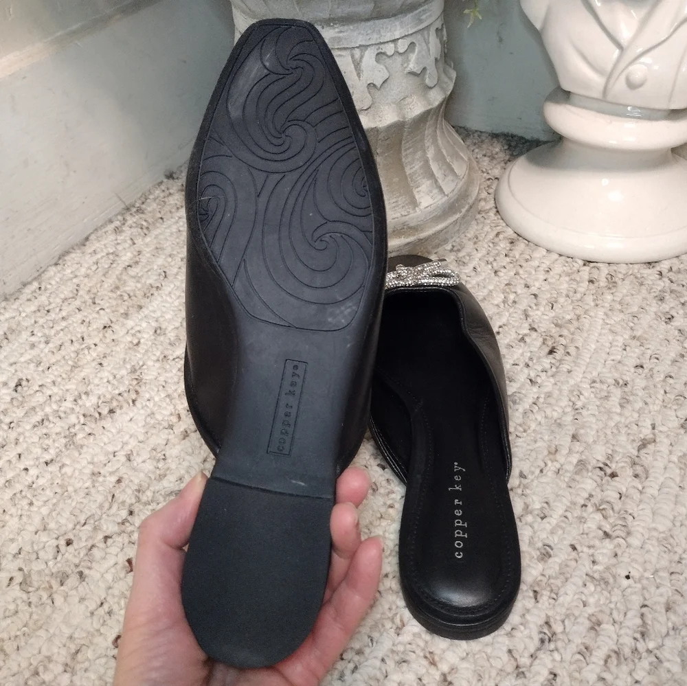 Copper Key Glimmer Black Leather Slip-On Mules with Rhinestone Bow Accent - Picture 7 of 8